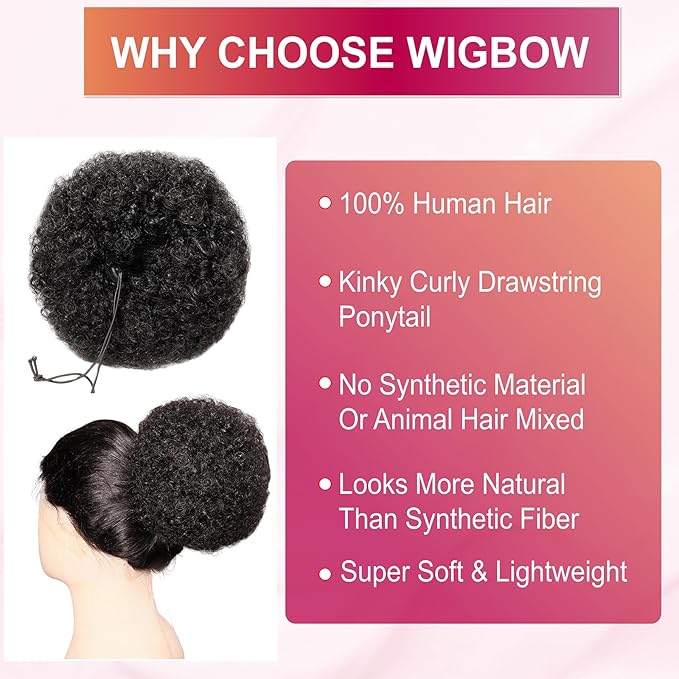 Afro Puff Ponytail Drawstring Wigs for Black Woman 6 Inch Natural Black 100% Human Hair Puff Ponytail Extension Clip On Kinky Drawstring Curly Ponytail Bun Durable Natural Soft and Smooth Hairpiece