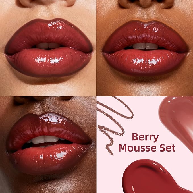 3PCS Lip Combo Set - Matte Lip Liner Pencil + Hydrating Tinted Lip Balm + Juicy Lip Gloss Tint, Non-Sticky, Long-Lasting, High Pigment Lip Makeup Kit (Berry Mousse Set)