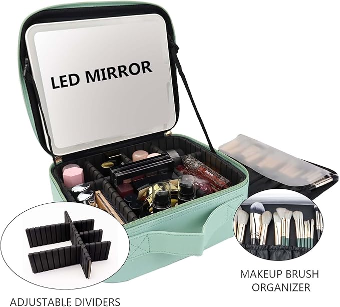 SLUMAZI Travel Makeup Bag with LED Mirror Travel Makeup Organizer with 3 Lighted Settings, Adjustable Dividers and Makeup Brush Storage Bag Light Green