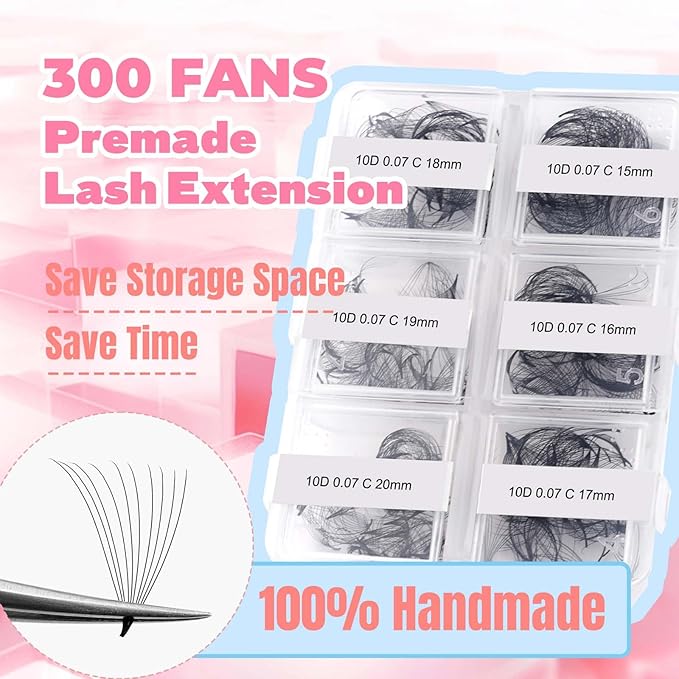 FADLASH Premade Fans Eyelash Extensions 300pcs 10D Premade Lash Fans C Curl Pre Made Fans Lash Extensions Volume Eyelash Extensions Premade Eyelash Fans Loose Fans (10D-0.07C-15-20mm)