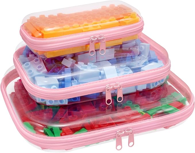 SXS LACONIC Clear Hard Plastic Zipper Case,Transparent Double Zippers Hard Pouch with 3pcs,Portable Travel Organizer Bin for Toy Storage
