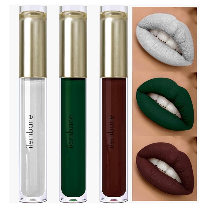 ilembane 3-Pack Multicolor Matte Liquid Lipstick Set – White, Dark Green & Chocolate – Long-Lasting, Smudge-Proof, Waterproof – High-Pigment, Transfer-Resistant Colors for All-Day Wear