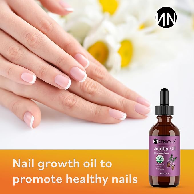 Natnique Organic Jojoba Oil 4 oz – USDA Certified, Cold Pressed, Unrefined & Hexane-Free – Pure Moisturizer for Hair, Face, Skin, Beard, Scalp, Nails & Cuticles – Natural Care (4 Oz)