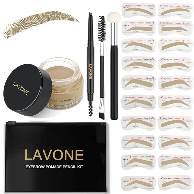 LAVONE Eyebrow Stamp Stencil Kit, Brow Stamp Trio Kit with Waterproof Eyebrow Pencil, Pomade, 20 Eyebrow Stencils, Dual-ended Eyebrow Brush and Sponge Applicator - Light Blonde