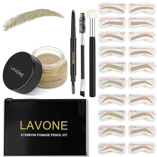 LAVONE Eyebrow Stamp Stencil Kit, Brow Stamp Trio Kit with Waterproof Eyebrow Pencil, Pomade, 20 Eyebrow Stencils, Dual-ended Eyebrow Brush and Sponge Applicator - Light Blonde