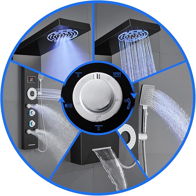 TSIBOMU LED Shower Panel Tower System, 304 Stainless Steel Bathroom Shower Tower with 3 Body Massage Jets, Shower Column Wall Mounted