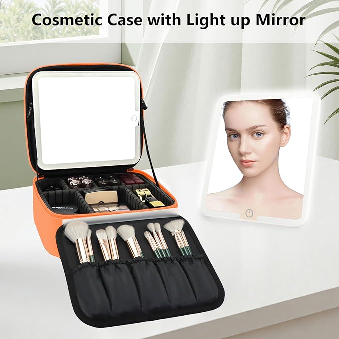 SLUMAZI Travel Makeup Bag with LED Mirror Travel Makeup Organizer with 3 Lighted Settings, Adjustable Dividers and Makeup Brush Storage Bag Orange