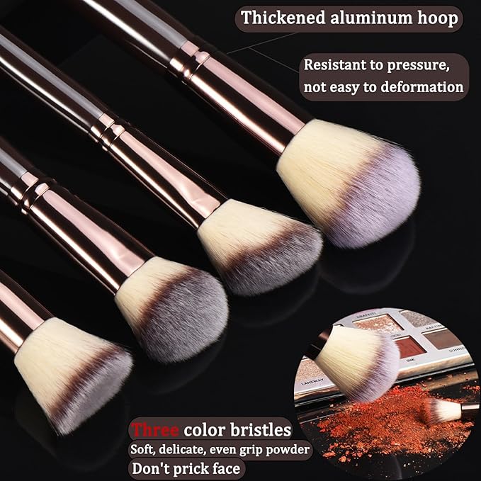 YJ-Anyue 10 Piece Black brown Makeup Brushes and 10 Piece Makeup Sponge – Wooden Handle,with Soft Synthetic Bristles,|Professional Makeup Brushes set for Women & Girls|