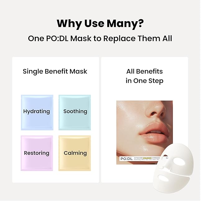 PO:DL Hyaluronic Hydrogel Mask with Collagen Niacinamide | Elasticity Wrinkle Improvement Pore Care Glow Skin| Overnight Soothing Deep Hydration Spa Facial Mask | Korean Skin Care 1.48oz x 4ea