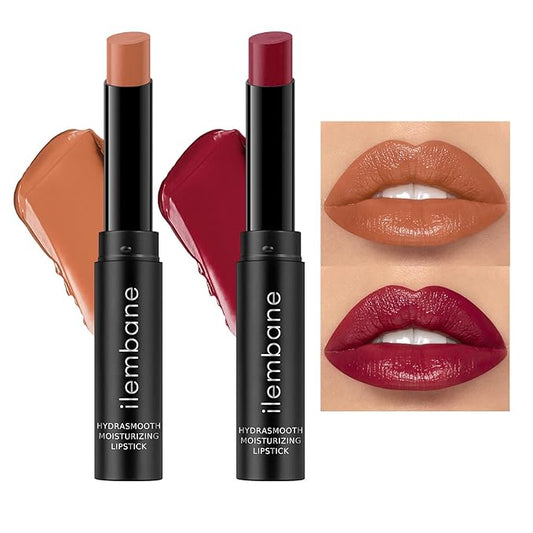 ilembane 2-Pack Moisturizing Plum Red & Nude Brown Lipstick Set – Hydrating Creamy Lip Color for Dry, Cracked Lips, Weightless Glossy Lip Balm with Vitamin E, Long Lasting Vegan Lipstick