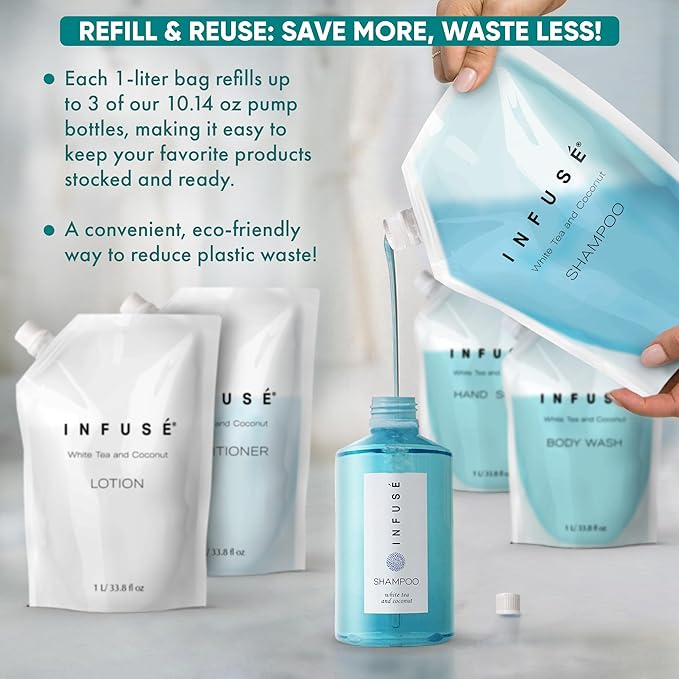 INFUSÉ 1 Liter Shampoo Refill Bag For Soap Dispensers | Bulk Toiletries for Vacation Rentals, and Home Bathroom Showers | White Tea and Coconut | Single