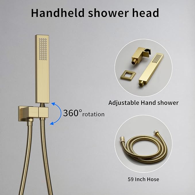 HONGTONGSOWER Bathroom Rainfall Shower System Wall Mount 8 Inch Shower Head With Handled Spray 6 Pcs jets Temperature Display Shower Faucet Set (Brushed Gold)