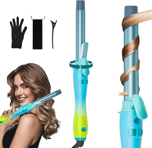 Extra-Long Barrel Rotating Curling Iron with Clamp, Automatic Curling Iron 1 Inch, 30s Fast Heating to 410°F & Home Button for Fast Styling & Lasting Results, Universal Voltage for Travel, Blue Green