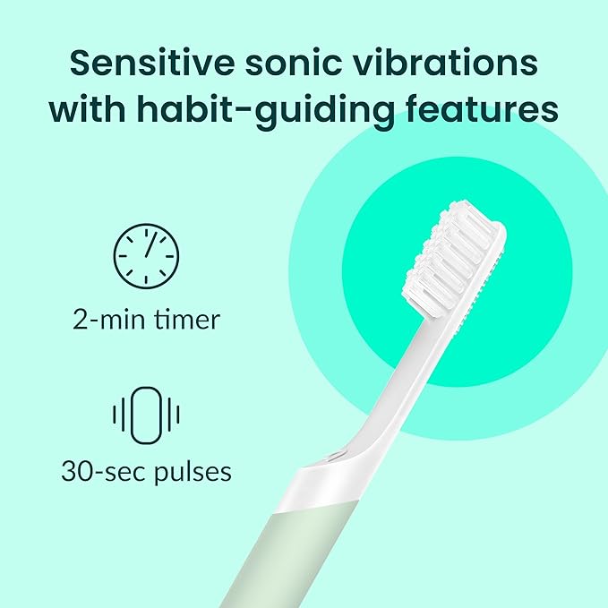 Quip Sonic Electric Toothbrush for Adults - Time Travel & Soft Bristles with Travel Case & Replacement Brush Head - 3 Month Battery Life, Plastic Handle - Sage