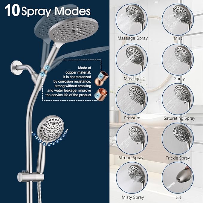 UCLIMAA High Pressure Shower Head with Handheld Shower, 26" Adjustable Height Drill-Free Slide Bar, 3-Way Diverter for Easy Reach, Dual Shower Head Combo Set with 5ft Hose - Brushed Nickel