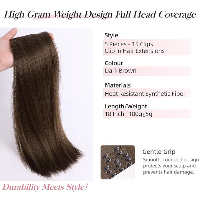 Dark Brown Clip in Extensions 18 Inch Invisible Long Synthetic Extension 5PCS Straight Fake Soft and Not Easily Knotted Clips on Hair Pieces for Women Grils Weddings Party Daily Use 6.5 Oz