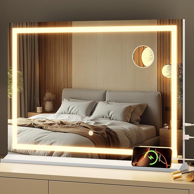 Vanity Mirror with Lights, 24" x 32" Makeup Mirror with 3 Color Modes 5X Magnification & USB/Type-C Charging Port, Large LED Mirror for Bedroom Tabletop & Wall Mounted