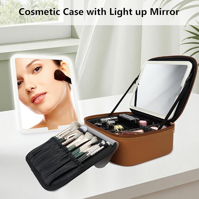 SLUMAZI Travel Makeup Bag with LED Mirror Travel Makeup Organizer with 3 Lighted Settings, Adjustable Dividers and Makeup Brush Storage Bag Brown