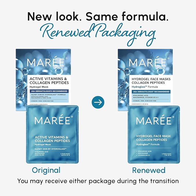 MAREE Hydrogel Collagen Facial Mask with Hyaluronic Acid — Hydrating Face Masks Skincare — Niacinamide, Amino Acids & Red Algae Extract — Facial Masks For Women — Mascarillas Para La Cara — 4 Count