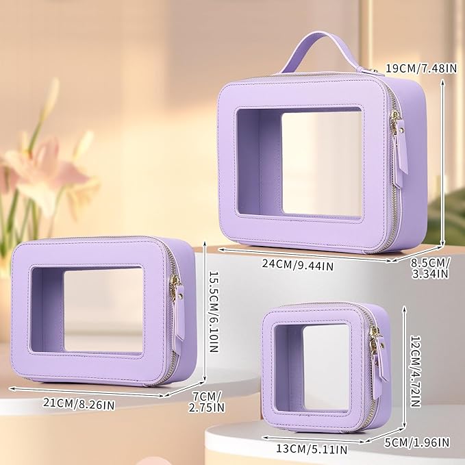 Pinkmik Clear Makeup Bag Waterproof Travel Case for Cosmetics and Toiletries Women's Purse Organizer and Clear Car Bag with Zipper (X/Purple, L+M+MINI)
