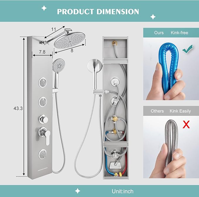 KINKIB Shower Panel Tower System with Adjustable Shower Head, Self-Cleaning Shower Tower with 2-Setting Powerful Body Jets and 5-Function Handheld Shower, Shower Column Brushed Stainless Steel