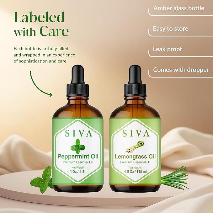 Siva Peppermint Essential Oil and Lemongrass Essential Oil 4oz Bundle Super Saver Combo – Premium Grade Value Set for Aromatherapy, Scalp Massage, Hair Care, Skin & Body