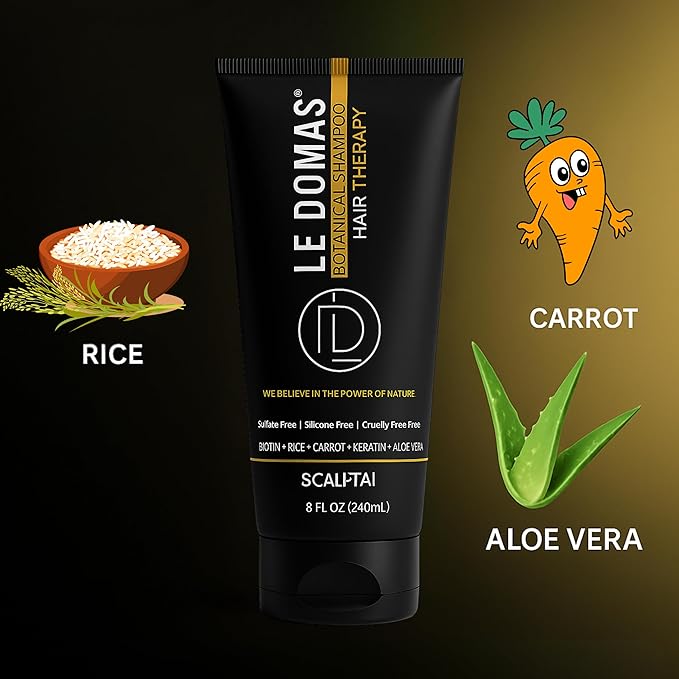 LE DOMAS Botanical Hair Growth Shampoo – Sulfate Free, Moisturizing & Anti Dandruff Shampoo with Keratin, Aloe Vera & Rice Extract – Thick, Strong and Natural Therapy for All Hair Types, 8 fl oz