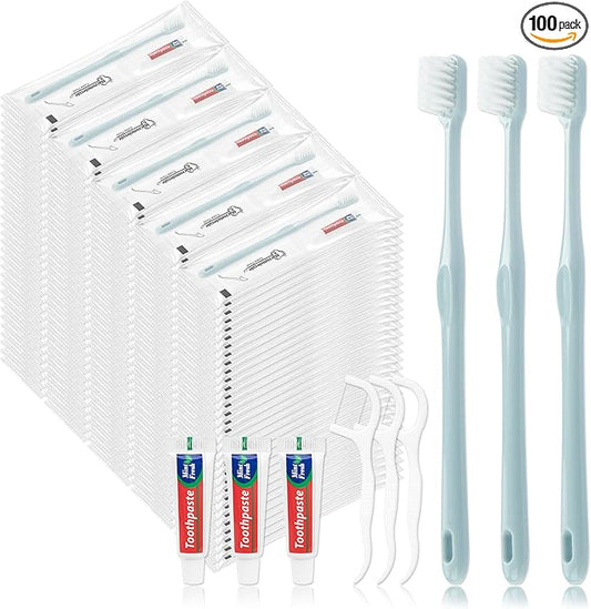 Disposable Toothbrushes with Toothpaste, Travel Toothbrush Kit, Individually Packaged, Light Grey, with Floss Picks, Suitable for Hotel, Home, Camping, Travel (100-PACK)