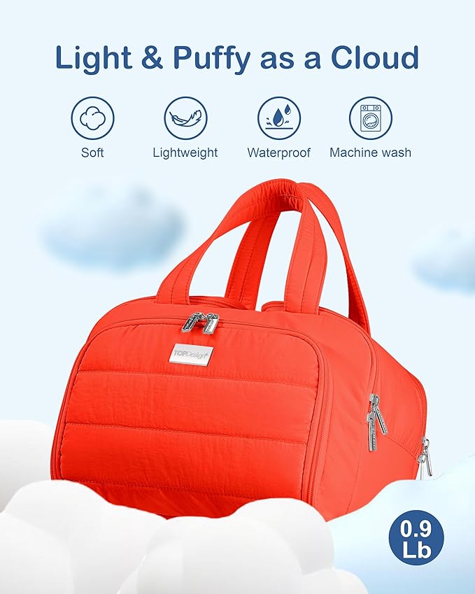 TOPDesign Travel Toiletry Bag for Women, Puffer Large Toiletry Bag, Lightweight Cosmetic Makeup Organizer with Handle for Traveling, Accessories, Essentials, Toiletries (Red Orange)