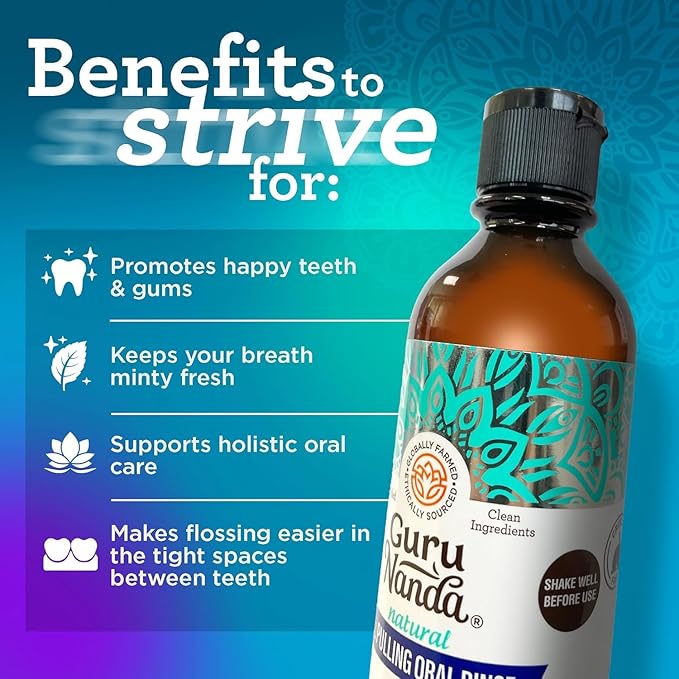 GuruNanda CocoMint Oil Pulling Mouthwash for Complete Oral Hygiene, 7 Essential Oils & Vitamins for Happy Teeth & Gums & Fresh Breath, with 2 Toothbrushes & 2 Tongue Scrapers, Alcohol-Free, 3X8 oz