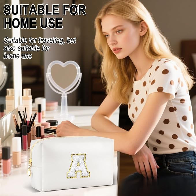 URSKYTOUS Gifts for Girls Initial Makeup Bag Personalized Cosmetic Bag with Zipper Cute Travel Toiletry Bags Waterproof PU Preppy Makeup Pouch Birthday Gift for Teen Girls Women(White A)