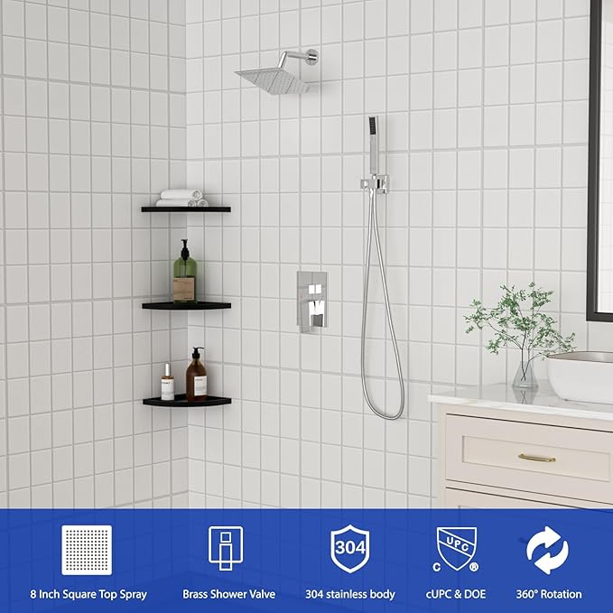 Dcolora 8 In. Rainfall Shower System with Handheld, Chrome Shower Faucet Set for Bathroom, Brass Valve, 304 Stainless Steel, Anti-Scald cUPC Certified (Polished Chrome, 8 Inch)