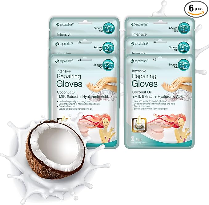 Epielle Intensive Repairing Hand Mask 6 Pairs, Renew and Soften with Coconut Oil & Milk Extract, Deep Moisturizing Gloves for Dry, Cracked Hands, Self Care Gifts for Women, Spa Kit, Stocking Stuffers