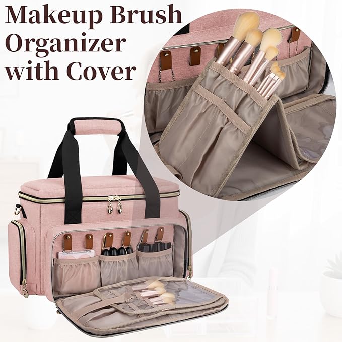 GDNasist Large Makeup Bag, Portable Travel Makeup Bag Organizer for Women Girls with 2 Removable Pouches & Detachable Dividers, Cosmetic Travel Bag, Toiletry Bag for Makeup and Hair Supplies Pink