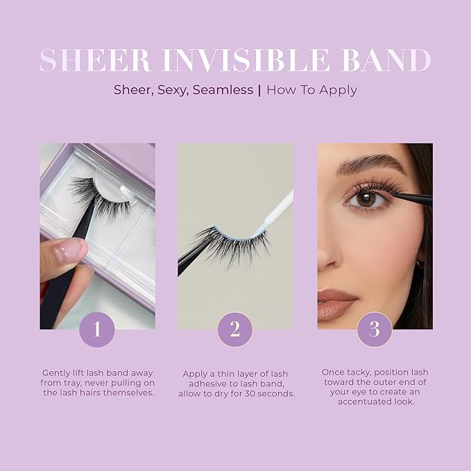 Lilly Lashes Sheer Band, False Eyelashes w/Invisible Band Lashes, Half Lashes Natural Look, Half Lash Cateye Style, Clear Band Lashes, Reusable Eyelashes 20x, Lash Glue not Included, 13mm (Playful)