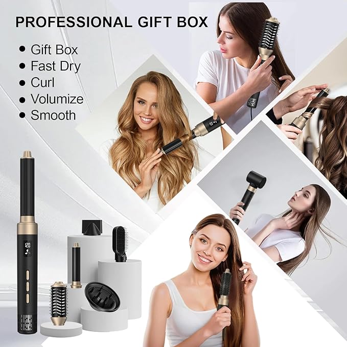 8 in 1 Hair Dryer Brush with Auto‑Curl Chamber – Hot Air Styler & Volumizer, Hair Styler & Dryer in One, Ceramic Ionic Barrel, LCD Temp & Airflow Display