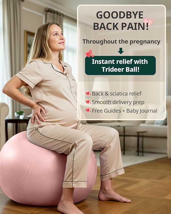 Trideer Pregnancy Birthing Ball - 1.7mm Extra Thick Yoga Ball for Maternity, Labor, Exercise, Physio, Recovery - Guide & Baby Memory Book Included - 440LB Anti-Burst & Non-Slip Stability