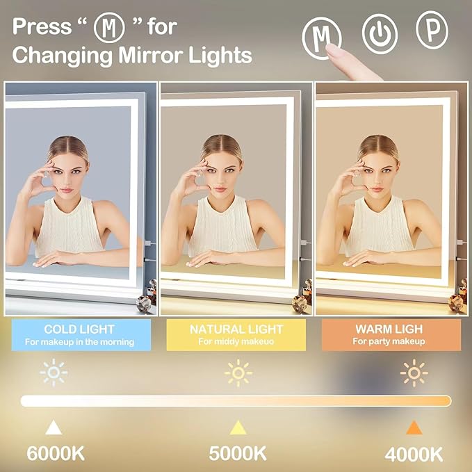 Makeup Vanity Mirror with Lights 20" L x 26" W Large LED Makeup Mirror, Light up Mirror with 10X Magnification and USB Charging Port, Dimmable 3 Modes, Touch Screen Control White