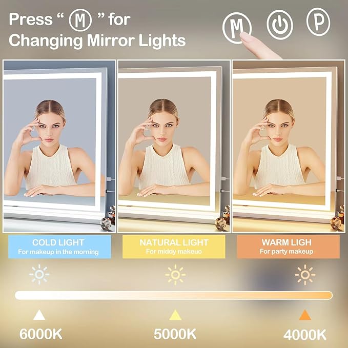 Makeup Vanity Mirror with USB Charging Port 19" L x 24" W LED Makeup Mirror, Desk Mirorr with Lights, Light up Mirror with 10X Magnification and, Dimmable 3 Modes, Touch Control Gold