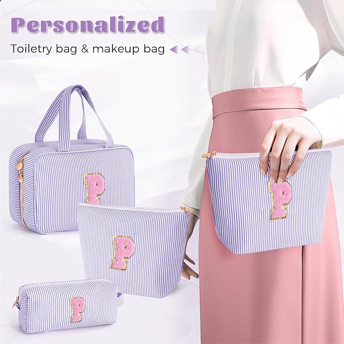 Fystdtote Preppy Toiletry Bag Travel Makeup Bag - Initial Cosmetic Bag Cute Organizer Travel Essentials Small Makeup Bag with Zipper - Personalized Gifts for Her - Lavender P