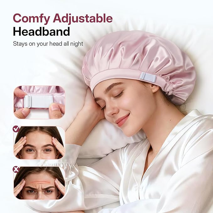 LitBear Silk Bonnet for Sleeping Women, Adjustable Double Layer Satin Silk Hair Bonnet with Scrunchies for Curly Natural Hair