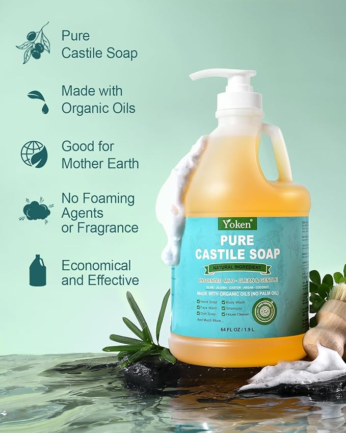 Yoken EWG Verified Organic Castile Soap Liquid (Unscented, 64 oz) Pure Castile Liquid Soap Made With Organic Oil, Clean & Gentle, Natural Castor Oil Soaps for Body & Face Wash, Hands, Dishes, Laundry