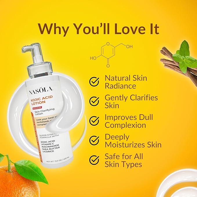 Nasola Kojic Acid Lotion Natural Skin Clarifying for Face & Body with Vitamin C, Niacinamide, Shea Butter, Licorice & Green Tea for Complexion Revitalization, Women & Men