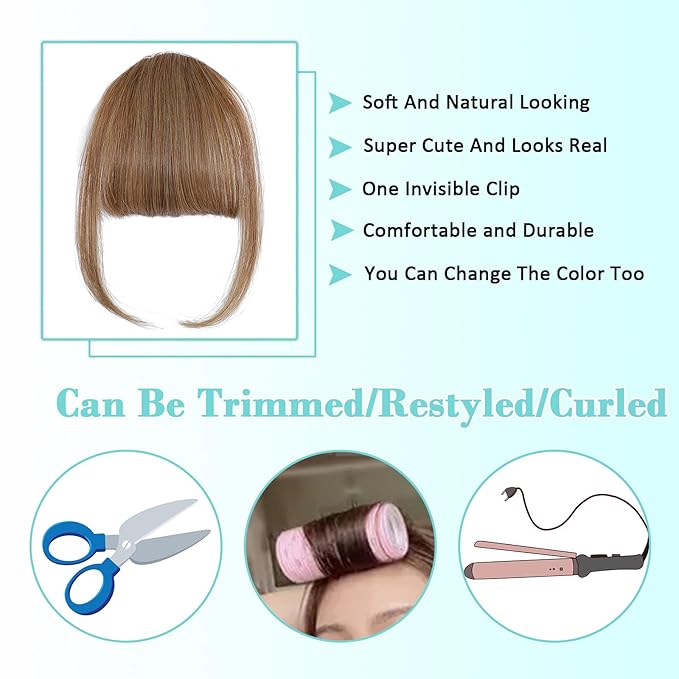 Clip on Wispy Bangs-Real Human Hair Clip in Bangs Hairpieces Honey Blonde Fake Air Bangs Fringe with Temples Bangs Hair Clip Extensions