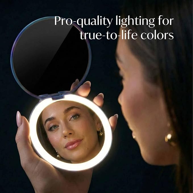 Fancii Taylor Travel Makeup Mirror with LED Light, Rechargeable, 10x /1x Magnifying & 3 Light Settings - Compact, Large 5” Wide Mirror for Handbag and Purses (Lavender Lagoon)