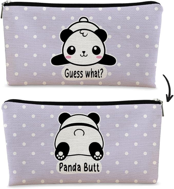 BARPERY Cute Baby Panda Guess What It's Pug Butt Cosmetic Bag, Purple Makeup Case for Teen Girls & Women, Canvas Zipper Pouch