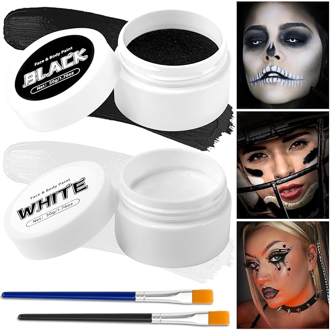 TonJin Black + White Face Body Paint Set 3.5oz/100g, Non-Toxic Professional Facepaint Makeup Kit with 2 Brushes for Art Theater Halloween Party Cosplay Clown Corpse Goth SFX Makeup