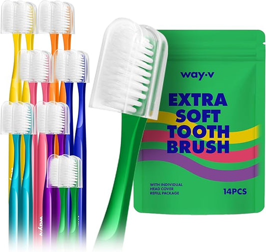 WAY.V Extra Soft Toothbrush Refill for Adults Sensitive Gums and Teeth with Individual Head Covers, 14 Pcs Manual Toothbrushes - Family and Guests - Green (14 Counts, Soft Bristle)