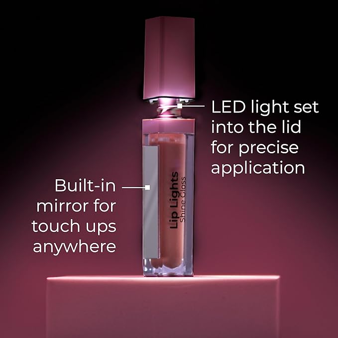 MCoBeauty - Lip Lights Shine Gloss - Berry Pink Lip Gloss - High Shine Glass-Like Finish with Built-In LED Light & Mirror - Moisturising Lightweight - Face Makeup