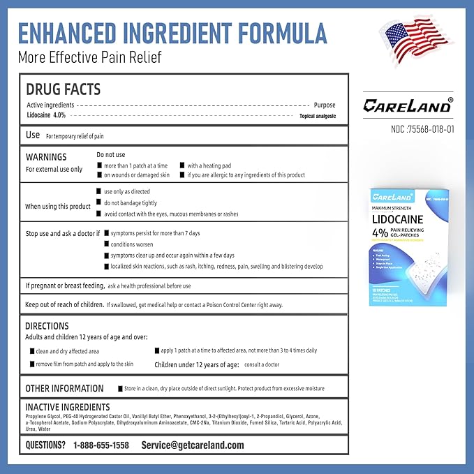 CARELAND 4% Lidocaine Patches 18 Pcs Waterproof Maximum Strength Back Pain Relief Products Patches with Strong Adhesive Border, for Neck Knee Nerve Shoulder Pain Relief Muscle Relaxer, Super Sticky